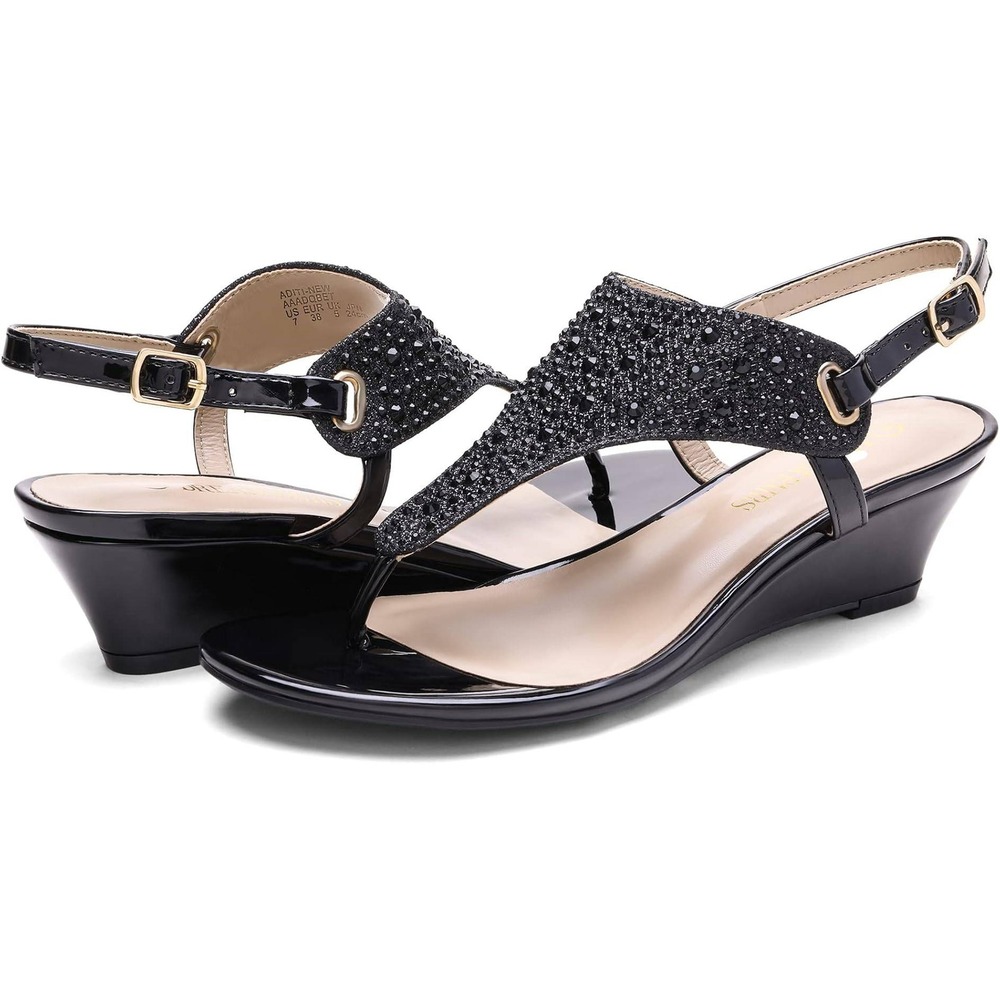Dream Pairs Women Wedge Sandals Aditi Patent Rhinestone 9 Black Slingback Heel